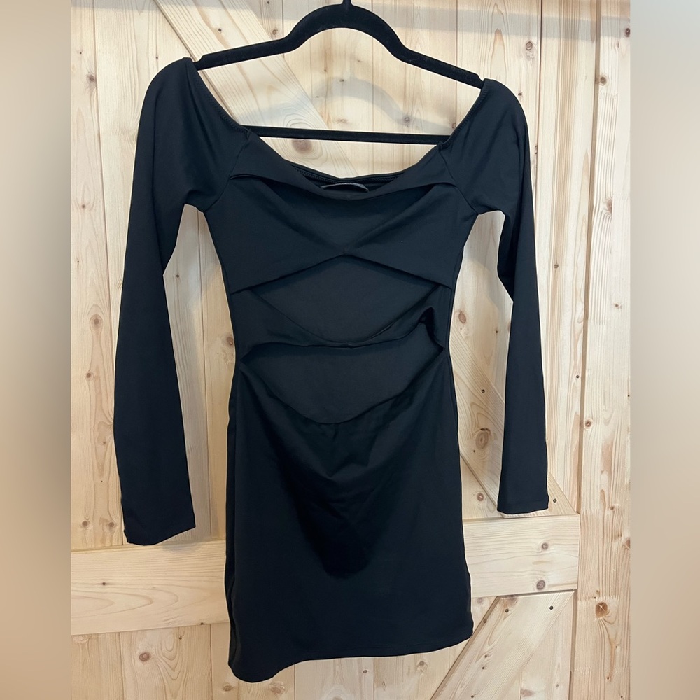 Long Sleeve White Fox Cutout Little Black Dress